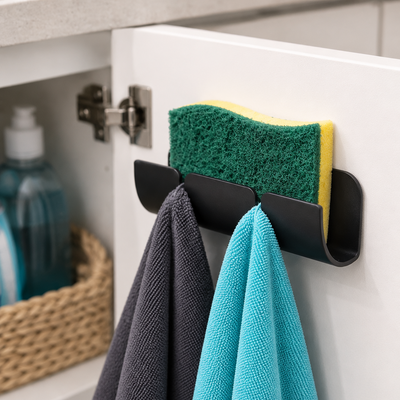 Black sponge holder with a green sponge, gray towel, and blue towel attached to a cabinet door.