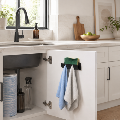 A white kitchen cabinet door is open, showing a sink and countertop, with a black hook mounted on the inside of the door holding two hanging towels and a green sponge. The scene is brightly lit with natural light from a window, and other kitchen items are visible in the background.